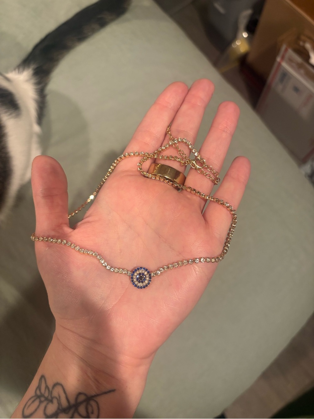 BaubleBar Gold Crystal Necklace with Blue Evil Eye Charm